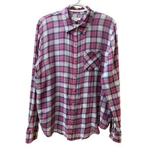 Beachlunchlounge Pink Blue Plaid Button Down Shirt Womens Semi Sheer Pocket